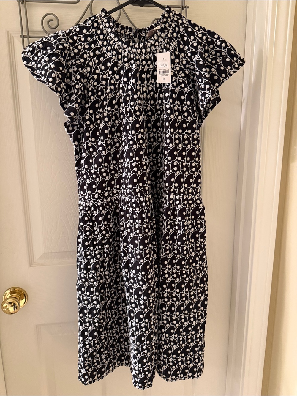 Loft NWT Black and White Eyelet (lined) Cotton Dress with Smocked Neckline